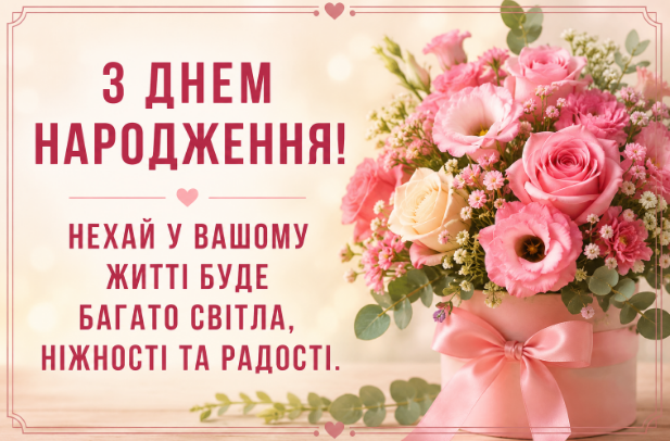 З днем народження! Нехай у Вашому житті буде багато світла, ніжності та радості. відкритка