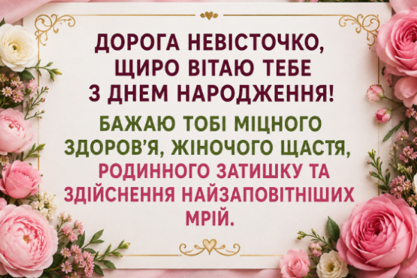 Душевні привітання з днем народження невістці листівка